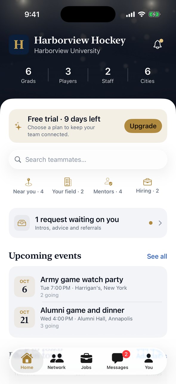 The TeamsLegacy home screen: team stats, a request waiting, and upcoming events.