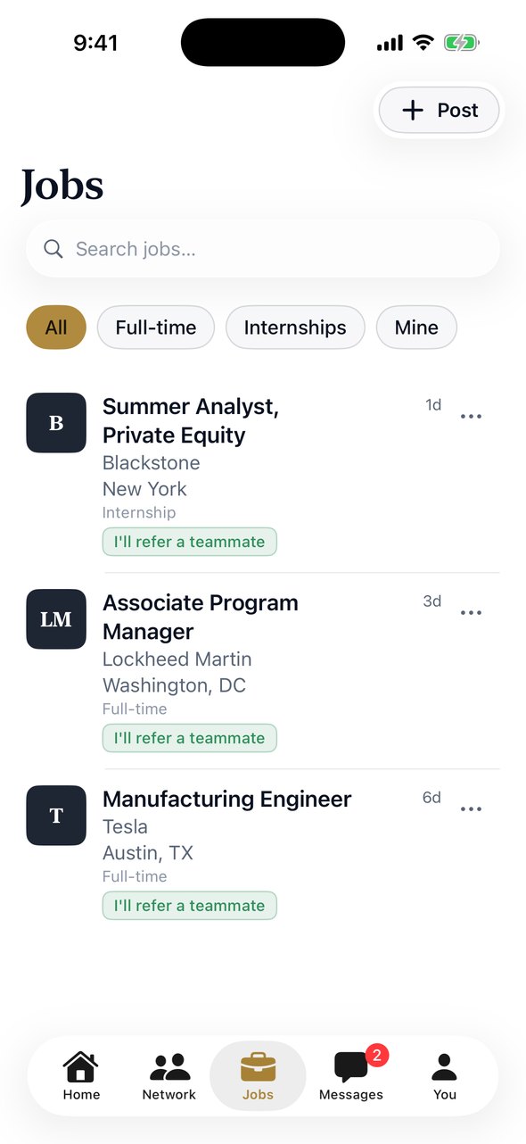 The Jobs list with internships and full-time roles posted by grads.