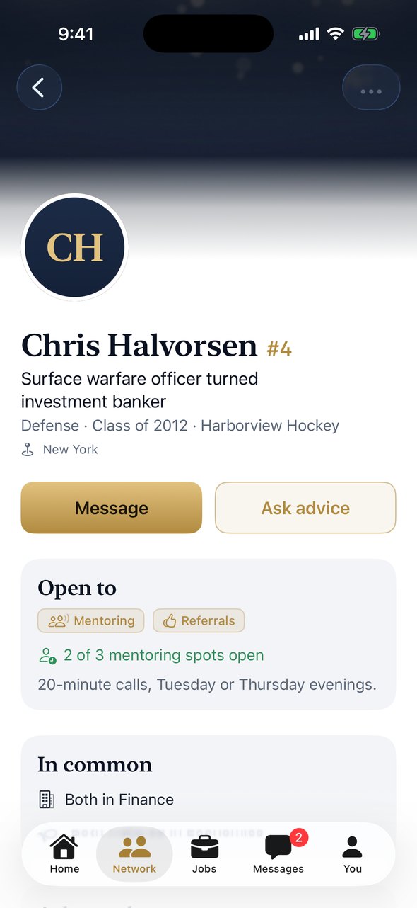A grad's profile with Message and Ask advice buttons.